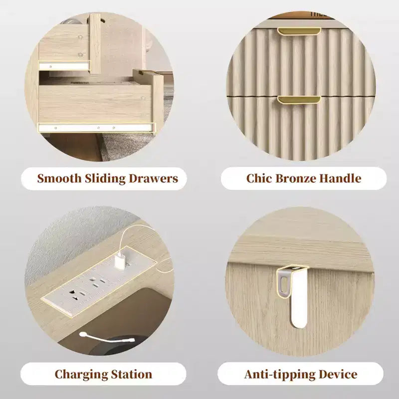 Table de chevet cannelée moderne avec station de charge, table de nuit de 50 cm, 2 tiroirs coulissants en bois, étagère ouverte, poignée en métal, pieds en bois, table d'appoint de chambre à coucher.