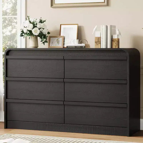 46 Wide Fluted 6 Drawer Dresser for Bedroom, Large Storage Wooden Dresser with Curved Profile, Modern Chest of Drawers for Living Room