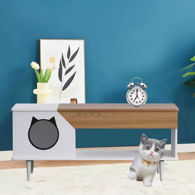 Table basse niche pour chat avec rangement, table basse moderne 2-en-1 de style ferme et condo pour chat pour salon