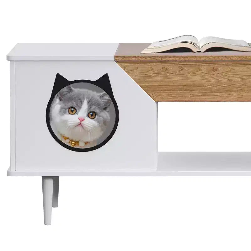 Table basse niche pour chat avec rangement, table basse moderne 2-en-1 de style ferme et condo pour chat pour salon