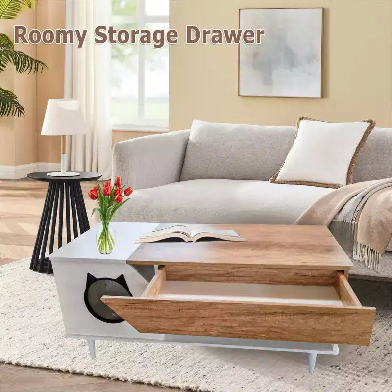 Table basse niche pour chat avec rangement, table basse moderne 2-en-1 de style ferme et condo pour chat pour salon