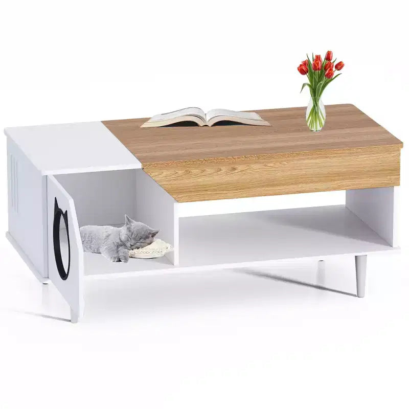 Table basse niche pour chat avec rangement, table basse moderne 2-en-1 de style ferme et condo pour chat pour salon