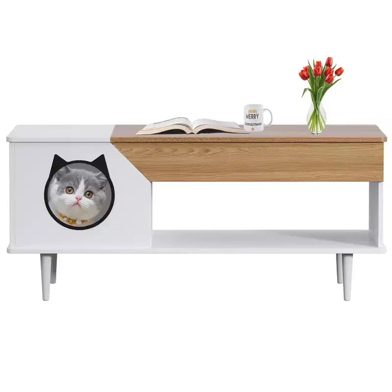 Table basse niche pour chat avec rangement, table basse moderne 2-en-1 de style ferme et condo pour chat pour salon
