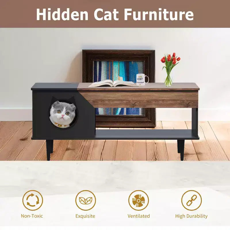 Table basse niche pour chat avec rangement, table basse moderne 2-en-1 de style ferme et condo pour chat pour salon