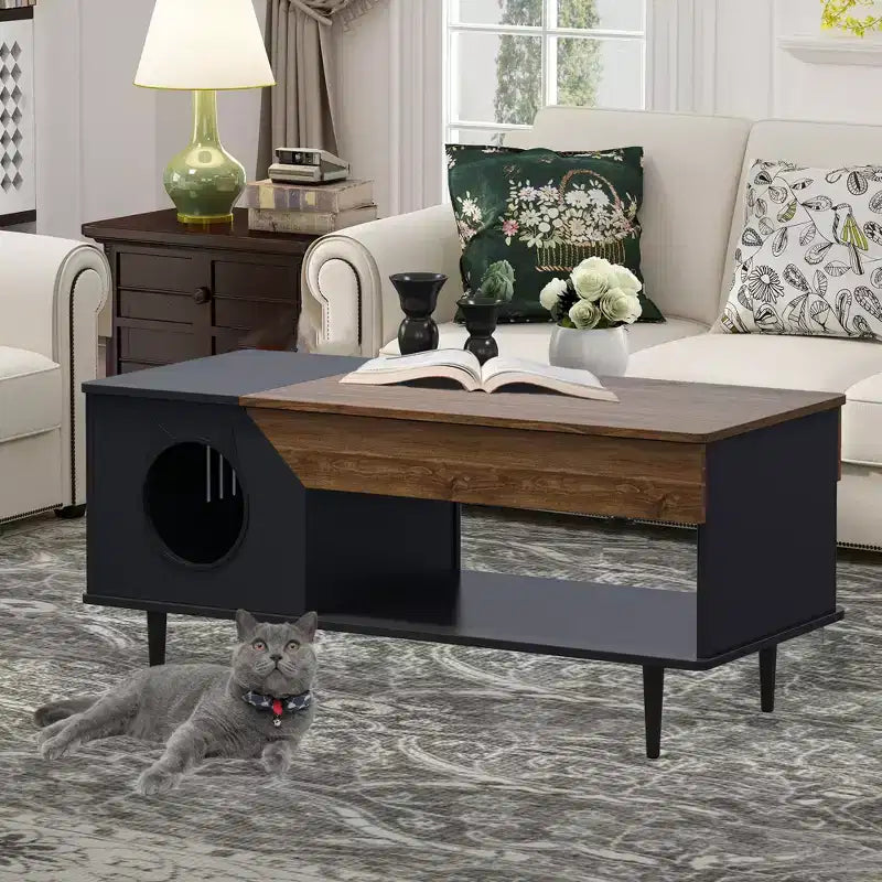 Table basse niche pour chat avec rangement, table basse moderne 2-en-1 de style ferme et condo pour chat pour salon