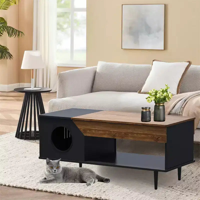 Table basse niche pour chat avec rangement, table basse moderne 2-en-1 de style ferme et condo pour chat pour salon