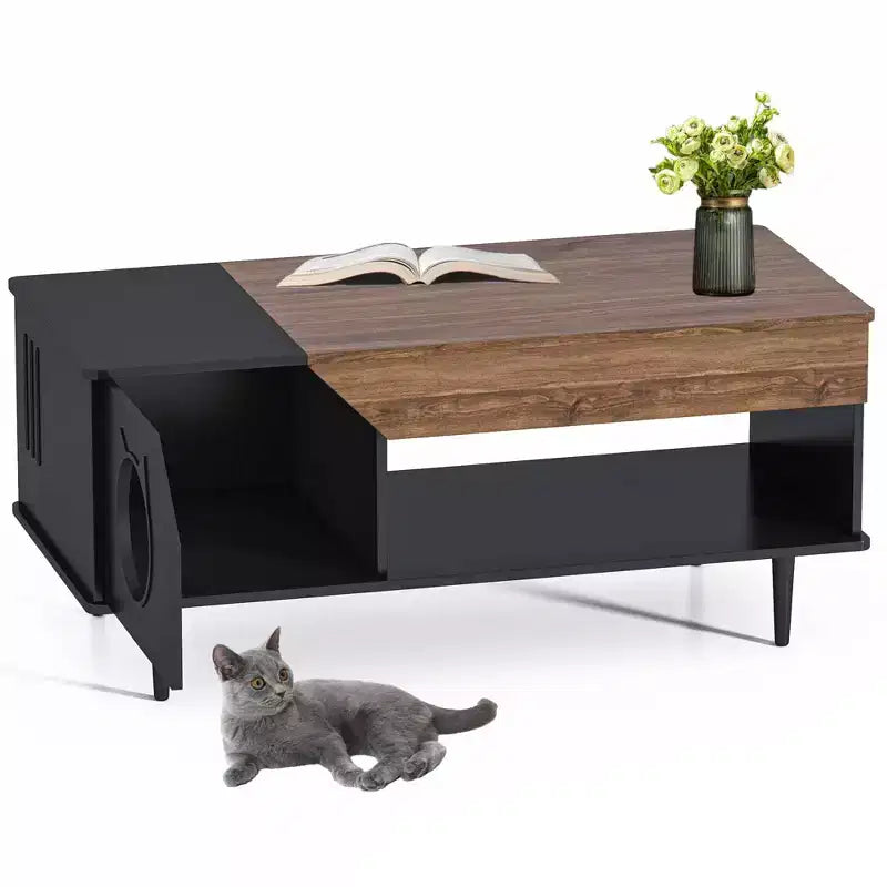 Table basse niche pour chat avec rangement, table basse moderne 2-en-1 de style ferme et condo pour chat pour salon