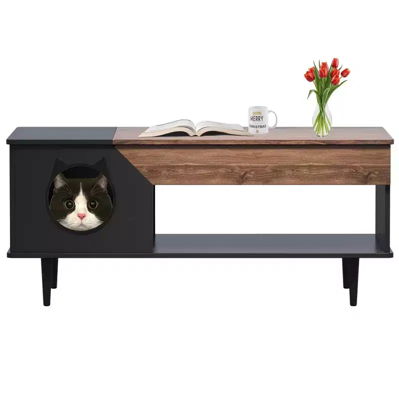 Table basse niche pour chat avec rangement, table basse moderne 2-en-1 de style ferme et condo pour chat pour salon