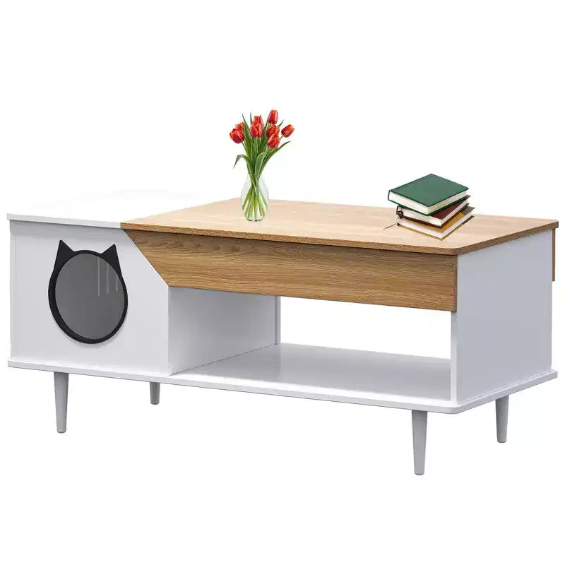 Table basse niche pour chat avec rangement, table basse moderne 2-en-1 de style ferme et condo pour chat pour salon