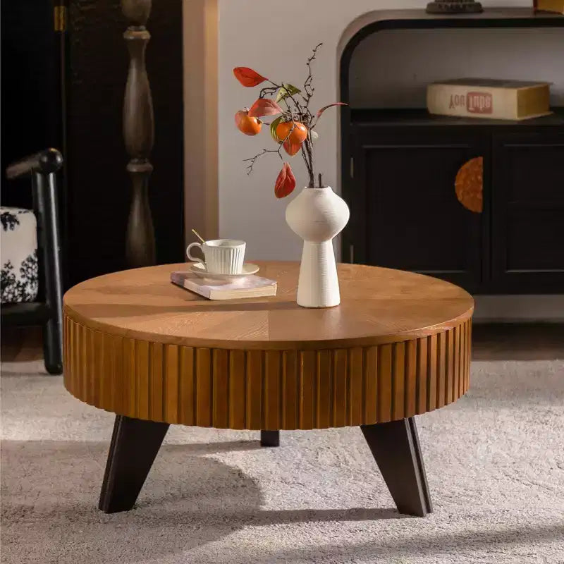 Table basse ronde rétro avec rangement dissimulé, table basse d'appoint en bois de style Mid-Century pour salon