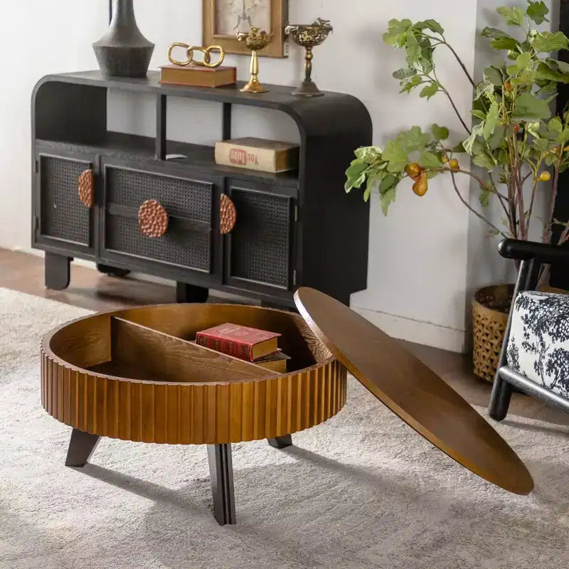 Table basse ronde rétro avec rangement dissimulé, table basse d'appoint en bois de style Mid-Century pour salon