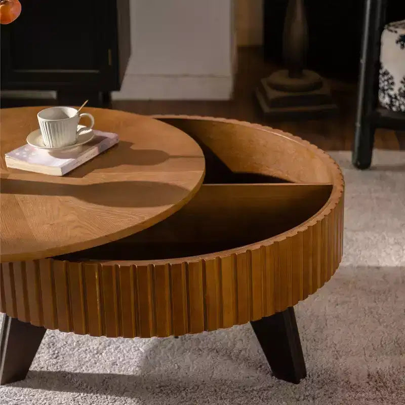 Table basse ronde rétro avec rangement dissimulé, table basse d'appoint en bois de style Mid-Century pour salon