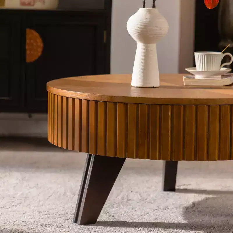 Table basse ronde rétro avec rangement dissimulé, table basse d'appoint en bois de style Mid-Century pour salon