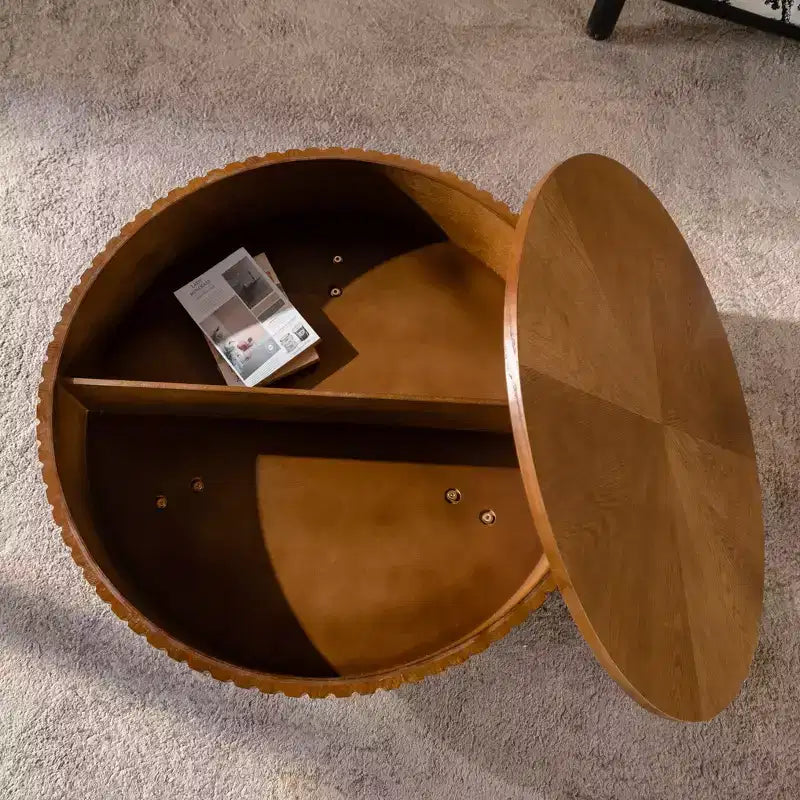 Table basse ronde rétro avec rangement dissimulé, table basse d'appoint en bois de style Mid-Century pour salon