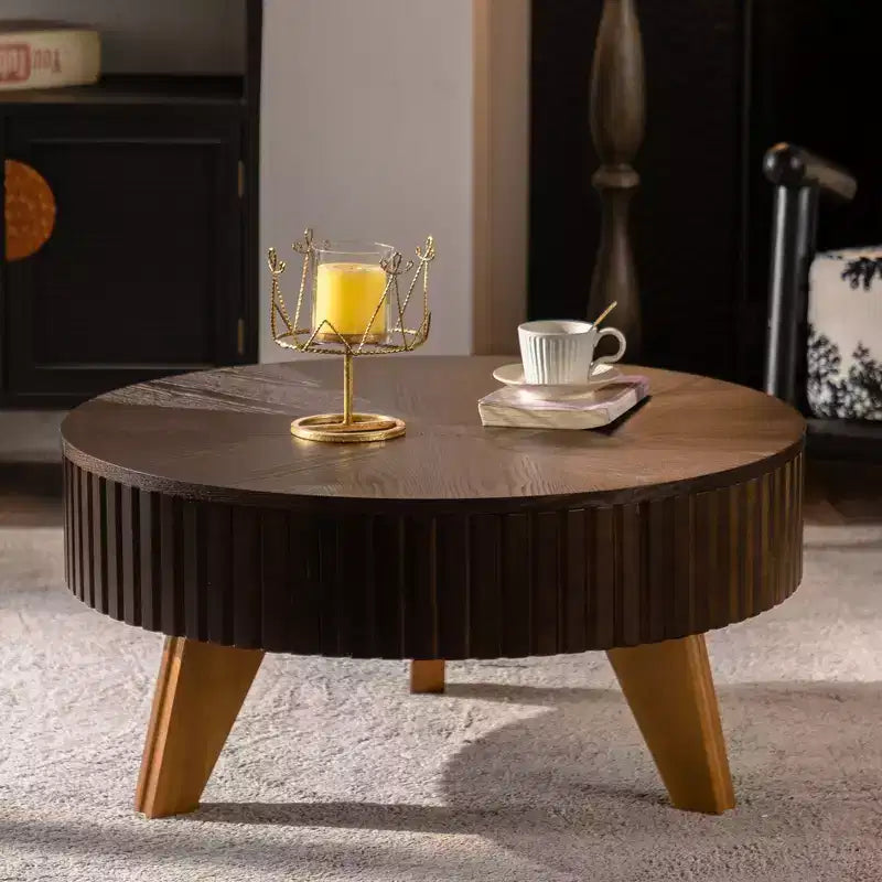 Table basse ronde rétro avec rangement dissimulé, table basse d'appoint en bois de style Mid-Century pour salon