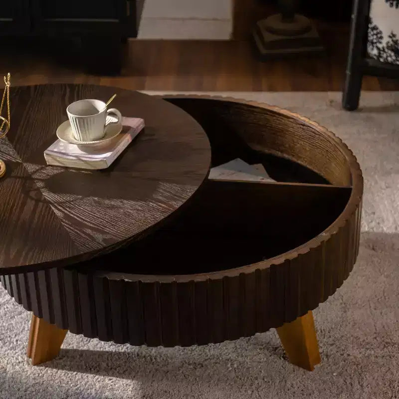 Table basse ronde rétro avec rangement dissimulé, table basse d'appoint en bois de style Mid-Century pour salon