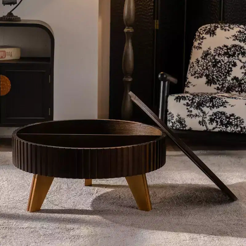 Table basse ronde rétro avec rangement dissimulé, table basse d'appoint en bois de style Mid-Century pour salon