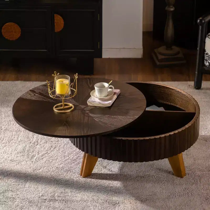 ModernLuxe Retro Round Coffee Table with Hidden Storage, Mid-Century Wood Center Table Accent Table for Living Room