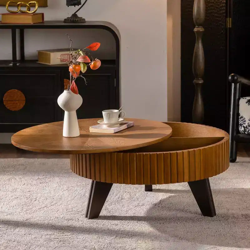 Table basse ronde rétro avec rangement dissimulé, table basse d'appoint en bois de style Mid-Century pour salon