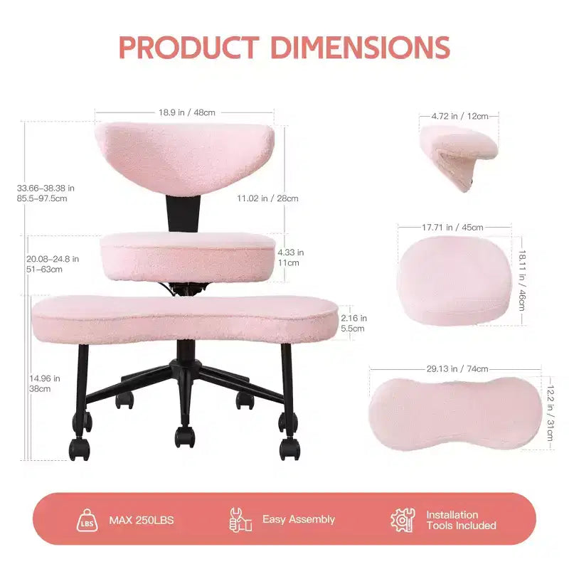 Chaise ergonomique à genoux, chaise de bureau à pieds croisés avec roulettes et support lombaire, chaise de méditation et de yoga à hauteur réglable pour TDAH et travail de bureau