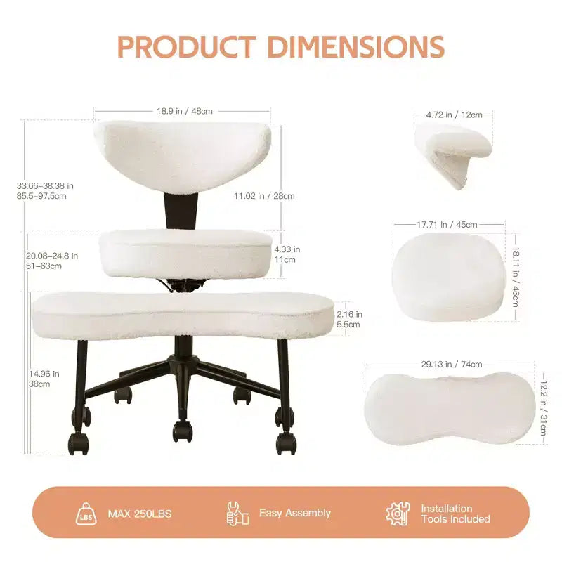 Chaise ergonomique à genoux, chaise de bureau à pieds croisés avec roulettes et support lombaire, chaise de méditation et de yoga à hauteur réglable pour TDAH et travail de bureau