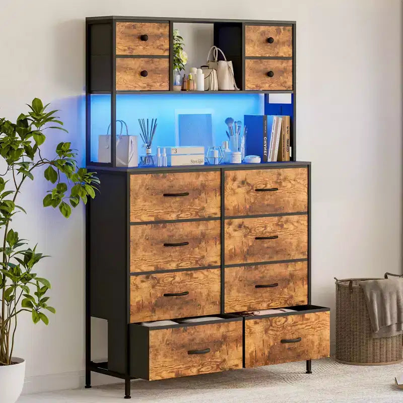Commode avec 12 tiroirs en tissu, Commode de chambre avec station de recharge, Commodes et chiffonniers