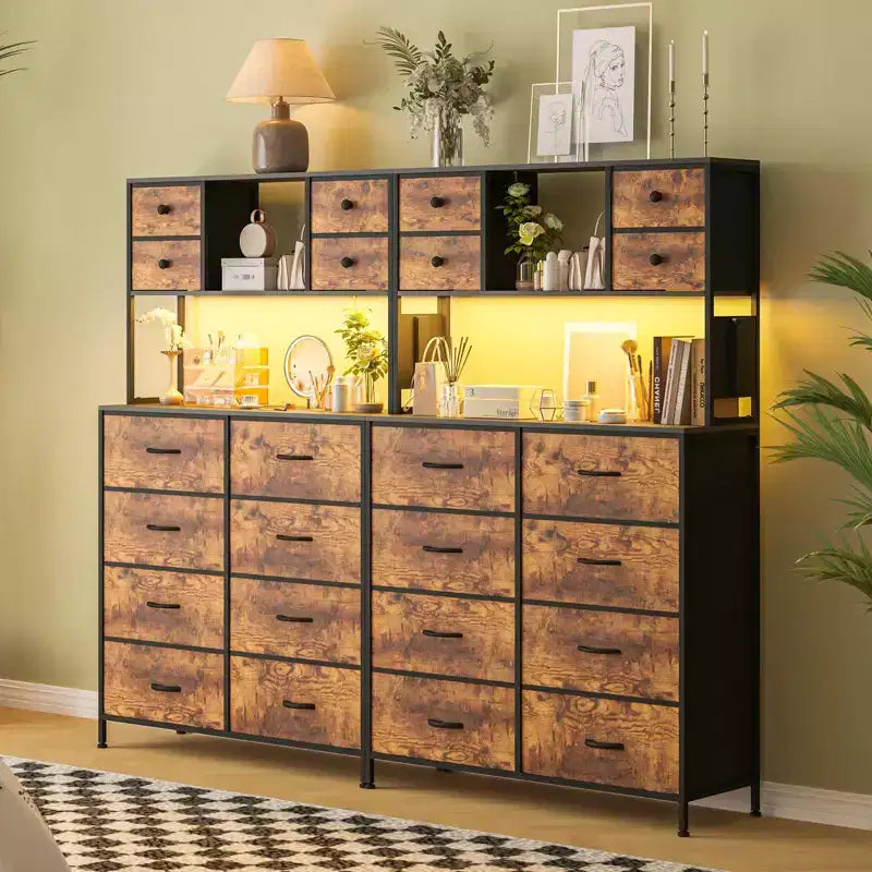 Commode avec 12 tiroirs en tissu, Commode de chambre avec station de recharge, Commodes et chiffonniers