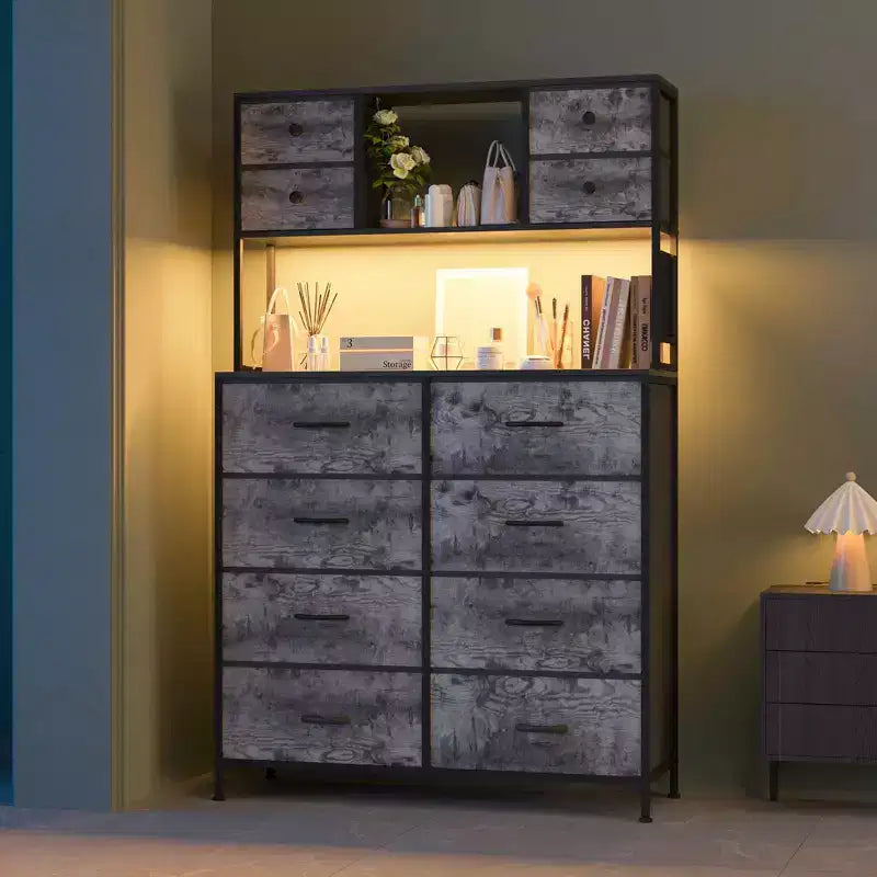 Commode avec 12 tiroirs en tissu, Commode de chambre avec station de recharge, Commodes et chiffonniers
