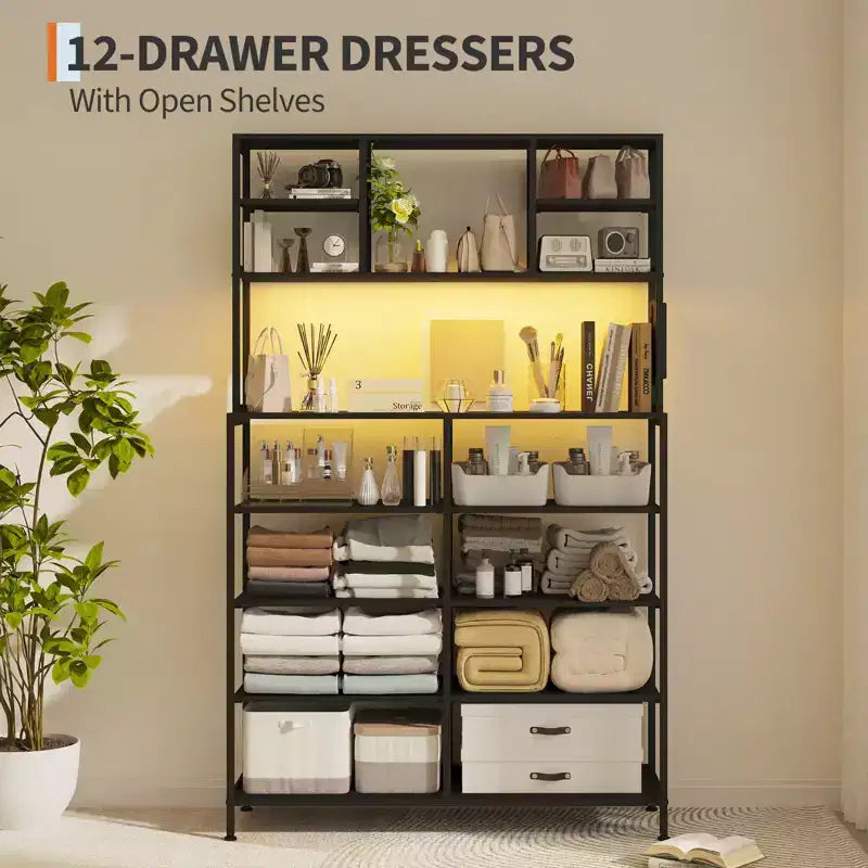 Commode avec 12 tiroirs en tissu, Commode de chambre avec station de recharge, Commodes et chiffonniers