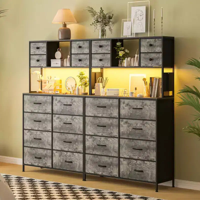 Commode avec 12 tiroirs en tissu, Commode de chambre avec station de recharge, Commodes et chiffonniers
