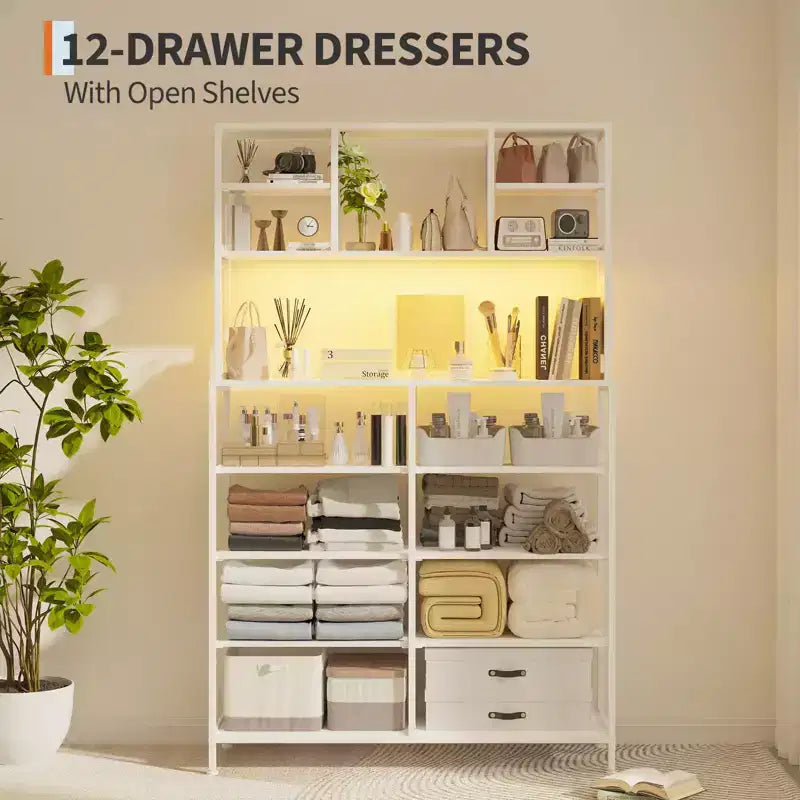 Commode avec 12 tiroirs en tissu, Commode de chambre avec station de recharge, Commodes et chiffonniers