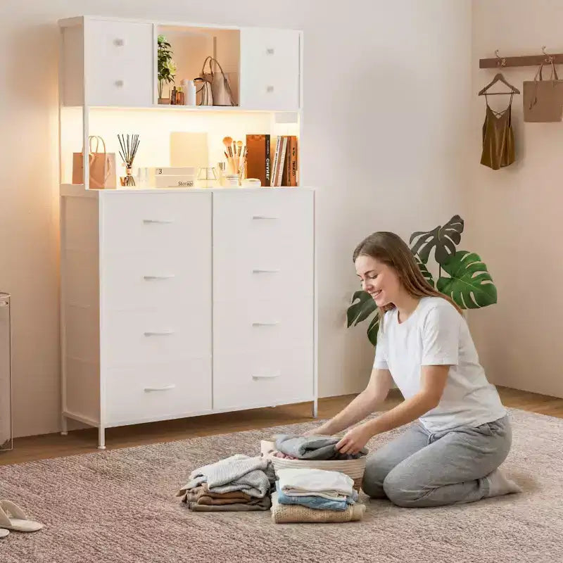 Commode avec 12 tiroirs en tissu, Commode de chambre avec station de recharge, Commodes et chiffonniers