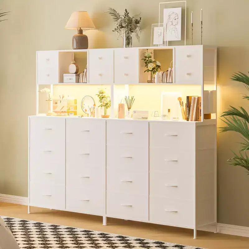 Commode avec 12 tiroirs en tissu, Commode de chambre avec station de recharge, Commodes et chiffonniers