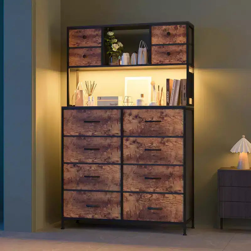 Commode avec 12 tiroirs en tissu, Commode de chambre avec station de recharge, Commodes et chiffonniers