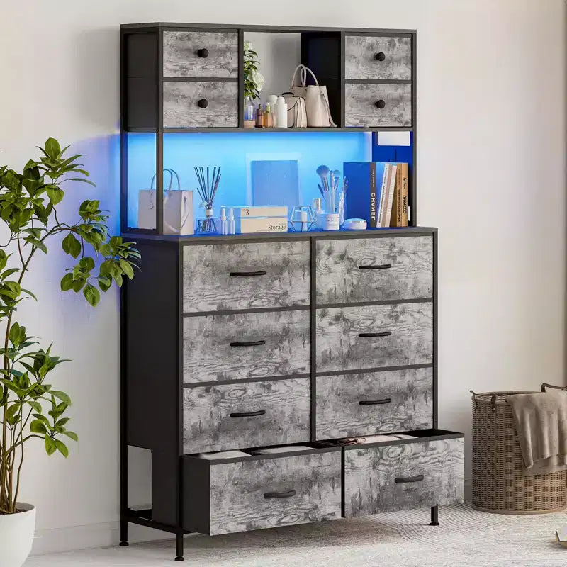 Commode avec 12 tiroirs en tissu, Commode de chambre avec station de recharge, Commodes et chiffonniers