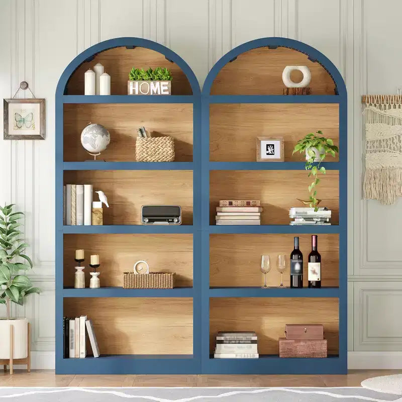 Lot de 2 bibliothèques cintrées, bibliothèque ouverte de style ferme à 5 niveaux avec finition bicolore et plateau recouvert de tissu