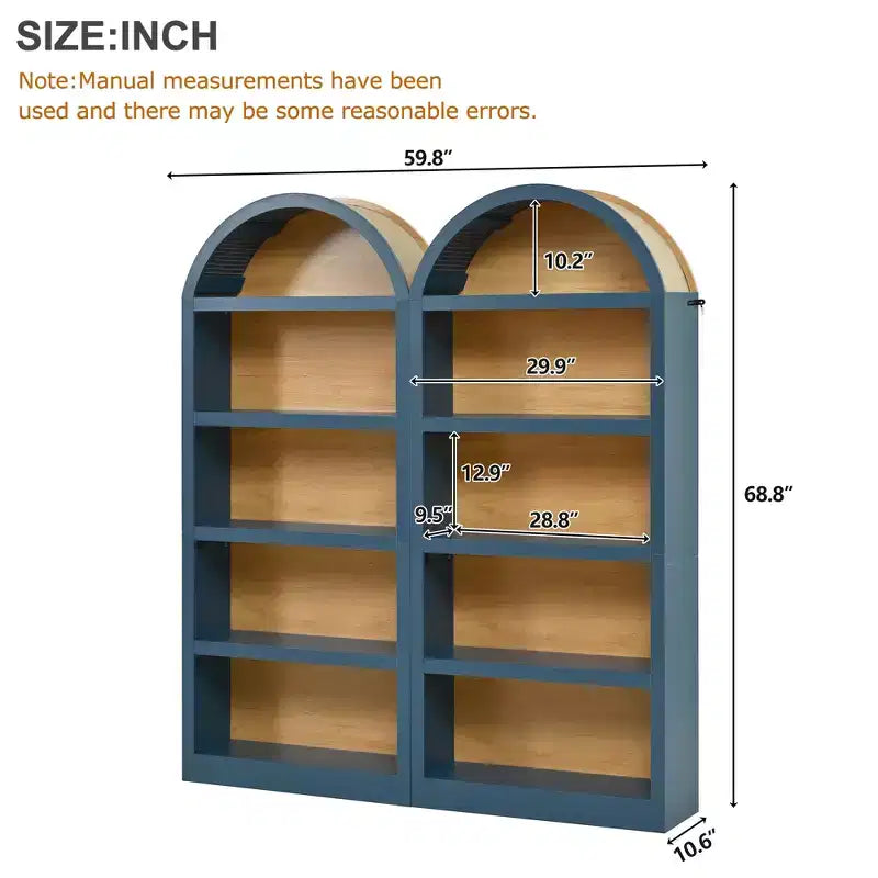 Lot de 2 bibliothèques cintrées, bibliothèque ouverte de style ferme à 5 niveaux avec finition bicolore et plateau recouvert de tissu