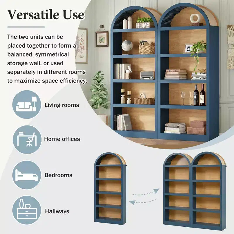 Lot de 2 bibliothèques cintrées, bibliothèque ouverte de style ferme à 5 niveaux avec finition bicolore et plateau recouvert de tissu