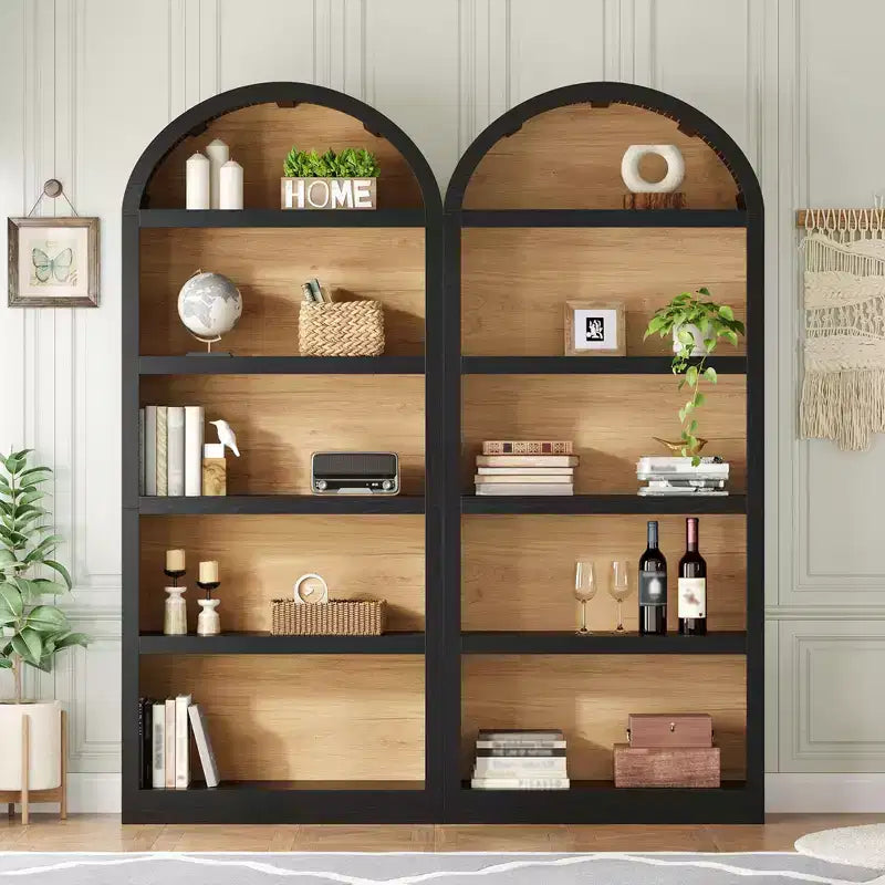 Lot de 2 bibliothèques cintrées, bibliothèque ouverte de style ferme à 5 niveaux avec finition bicolore et plateau recouvert de tissu