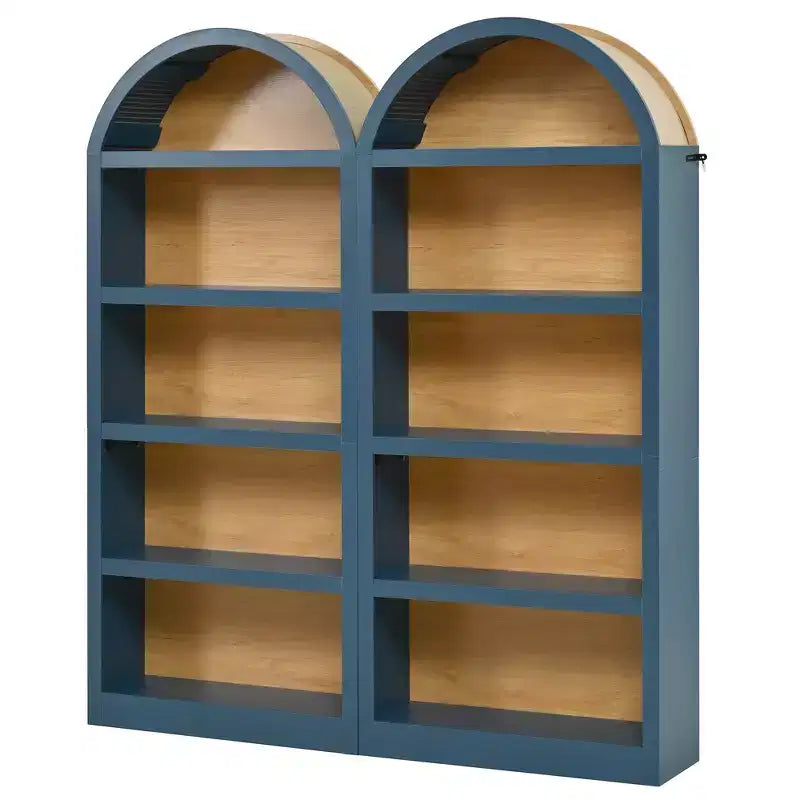 Lot de 2 bibliothèques cintrées, bibliothèque ouverte de style ferme à 5 niveaux avec finition bicolore et plateau recouvert de tissu