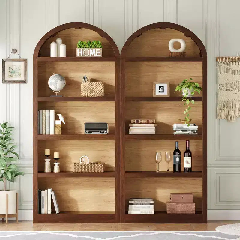Lot de 2 bibliothèques cintrées, bibliothèque ouverte de style ferme à 5 niveaux avec finition bicolore et plateau recouvert de tissu