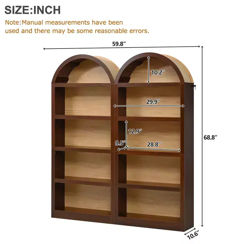 Lot de 2 bibliothèques cintrées, bibliothèque ouverte de style ferme à 5 niveaux avec finition bicolore et plateau recouvert de tissu