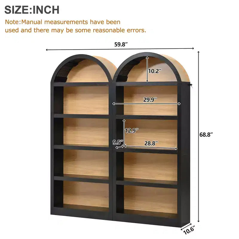 Lot de 2 bibliothèques cintrées, bibliothèque ouverte de style ferme à 5 niveaux avec finition bicolore et plateau recouvert de tissu