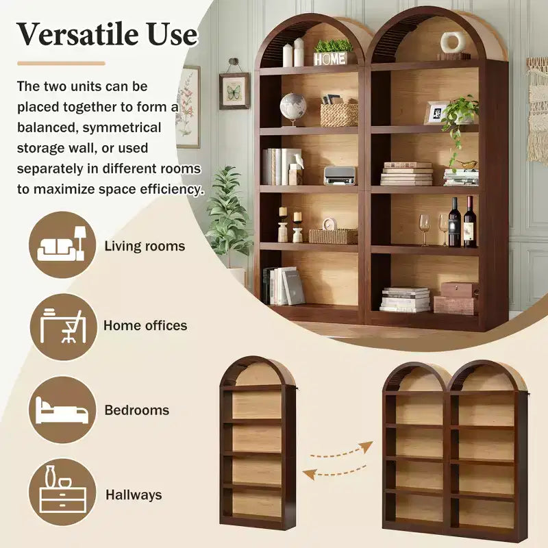 Lot de 2 bibliothèques cintrées, bibliothèque ouverte de style ferme à 5 niveaux avec finition bicolore et plateau recouvert de tissu