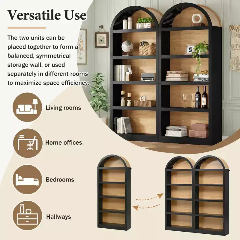 Lot de 2 bibliothèques cintrées, bibliothèque ouverte de style ferme à 5 niveaux avec finition bicolore et plateau recouvert de tissu