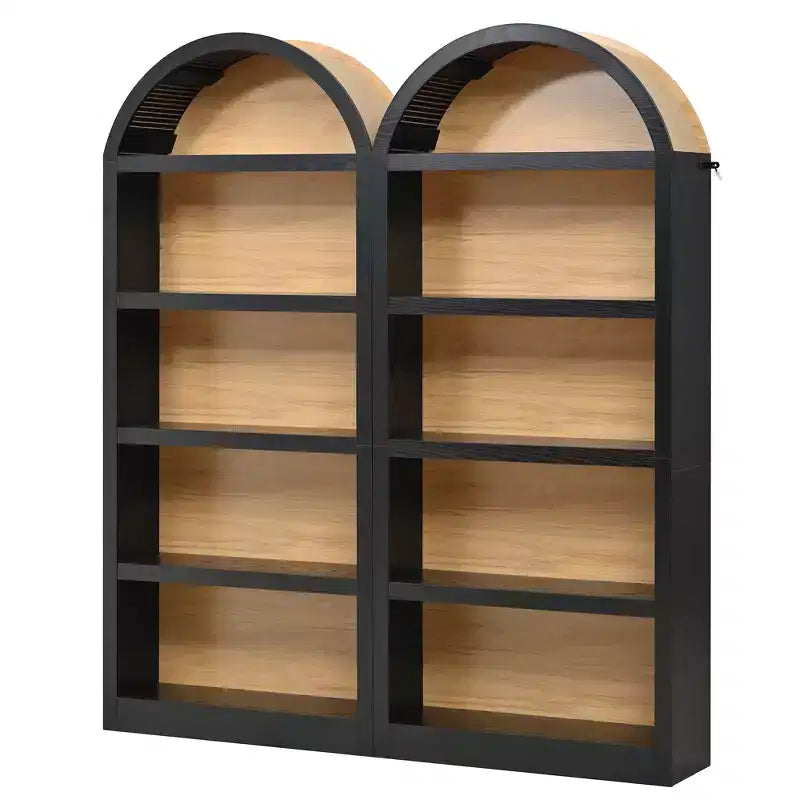 Lot de 2 bibliothèques cintrées, bibliothèque ouverte de style ferme à 5 niveaux avec finition bicolore et plateau recouvert de tissu
