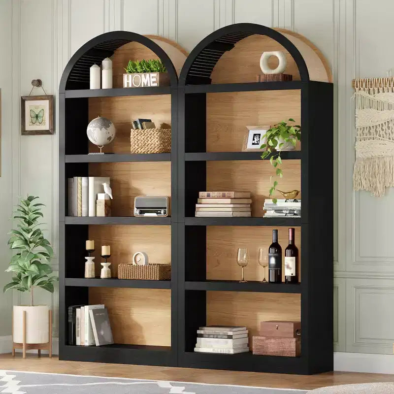 Set of 2 Arched Bookshelves, 5-Tier Farmhouse Open Display Bookcase with Two-Tone Finish &amp; Fabric-Wrapped Top - ModernLuxe