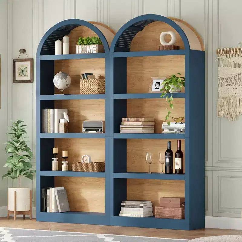 Lot de 2 bibliothèques cintrées, bibliothèque ouverte de style ferme à 5 niveaux avec finition bicolore et plateau recouvert de tissu