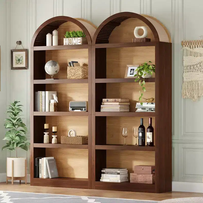 Lot de 2 bibliothèques cintrées, bibliothèque ouverte de style ferme à 5 niveaux avec finition bicolore et plateau recouvert de tissu