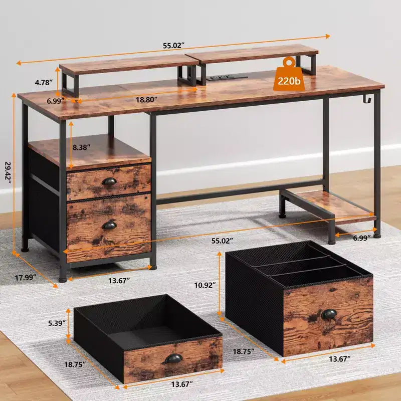 Bureau d'ordinateur brun rustique de 55 pouces avec station de charge, classeur, bureau de jeu pour bureau à domicile, 2 supports de moniteur, tiroir de rangement, étagère, table d'écriture